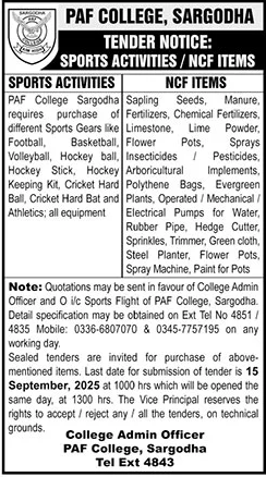 PAF College Sargodha Tender Notice